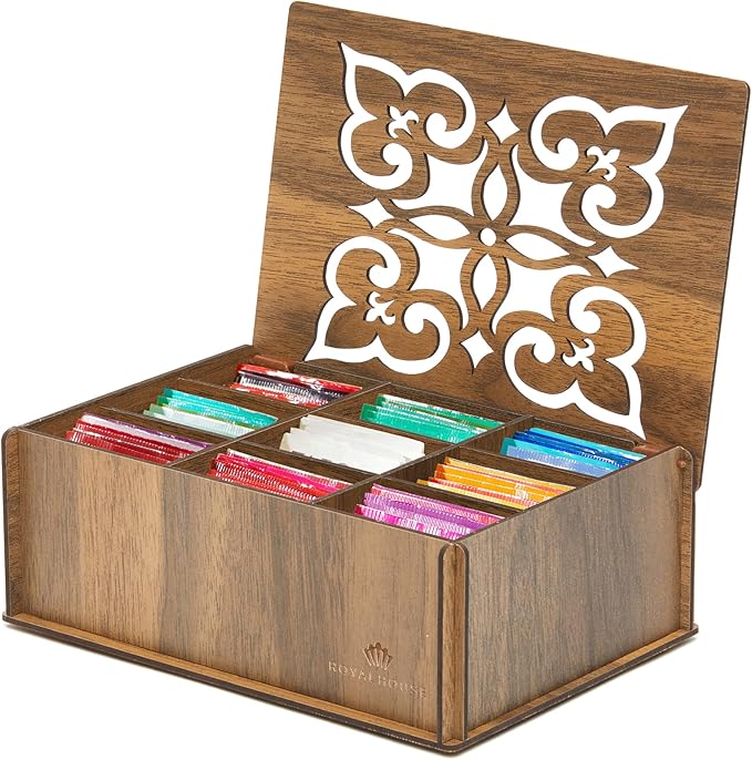 RoyalHouse Premium Wood (Hard MDF) Tea Storage Box Organizer (Walnut), Eco-Friendly Multi-Functional Decorative Box, 9 Compartments For Assorted Variety Of Tea Bags and Small Items