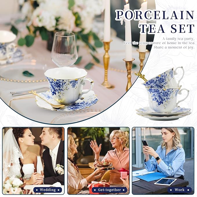 Country Roses Porcelain Tea Cup and Saucer Set with Gold Trim, Vintage Style, For Women and Tea Parties (1, Blue)