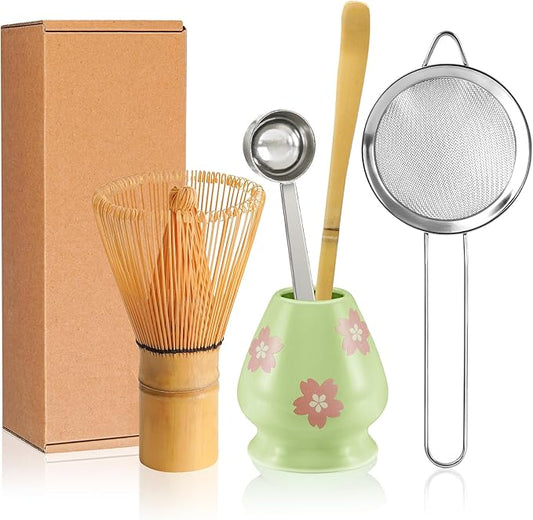 Matcha Whisk Set Matcha Making Kit Bamboo Chasen Ceramic Whisk Holder Stand Sifter Scoop Japanese Tea Tools (Green)