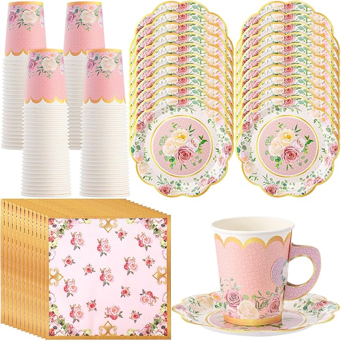 Vesici 150 Pcs Floral Tea Party Decorations for Table 9 oz Disposable Paper Tea Cups with Handles Plates, Saucers and Napkins Set for Spring Party Girl Birthday Wedding Mothers Day(Classic Style)