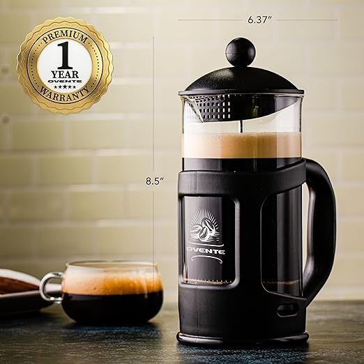 OVENTE French Press Coffee Maker 34 Ounce with Heat Resistant Borosilicate Glass & Stainless Steel 4-Level Filtration System, Portable Cold Brew Coffee Maker for Travel, Camping or Gift, Black FPT34B