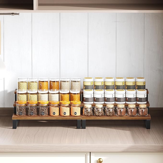 YATINEY Spice Rack, 3 Tier Wooden Display Riser Stand, Kitchen Storage Organizer for Spices, Versatile Display Shelf, Space Saving, for Kitchen Countertop and Cabinet, Rustic Brown SR03L2BR - Image 6