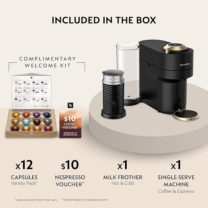 Nespresso Vertuo Pop+ Deluxe Coffee and Espresso Maker by Breville with Milk Frother, Matte Black Gold