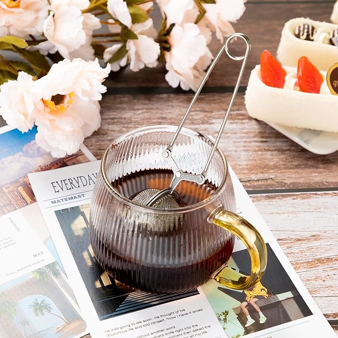 Yinder 36 Pcs Snap Tea Infuser Steeper Strainers for Loose Tea Filter Holder Tong Pincer Steeper Metal Stainless Steel Mesh Ball with Handle Reusable