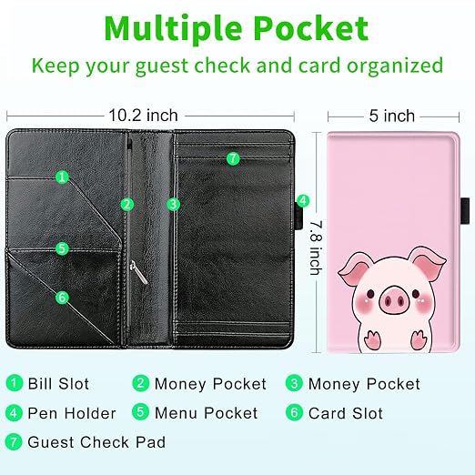 Server Books for Waitress, with 7 Large Pockets, Waiter Serving Book, Waitstaff Server Order Pads, Cute PU Leather Server Book with Pen Holder Fit Server Apron,Cute Pig - Image 3