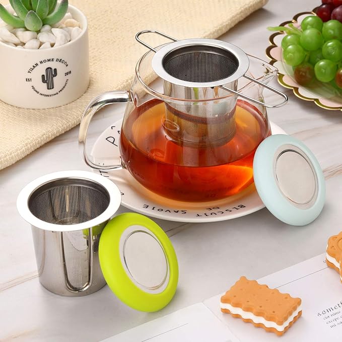 2 Pieces Tea Infusers Stainless Steel Strainer Folding Handle Filter Extra Filter Fine Mesh Strainer Brewing Basket with Lid for Loose Leaf Tea