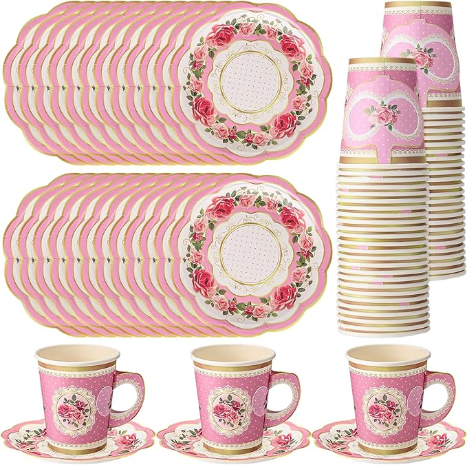 Domensi 60 Pieces Tea Party Decorations Include 30 Pcs 9 oz Paper Cups with Handle and 30 Pcs Tea Party Paper Plates Disposable Blossom Teacups and Saucers for wedding Favors(Classic)