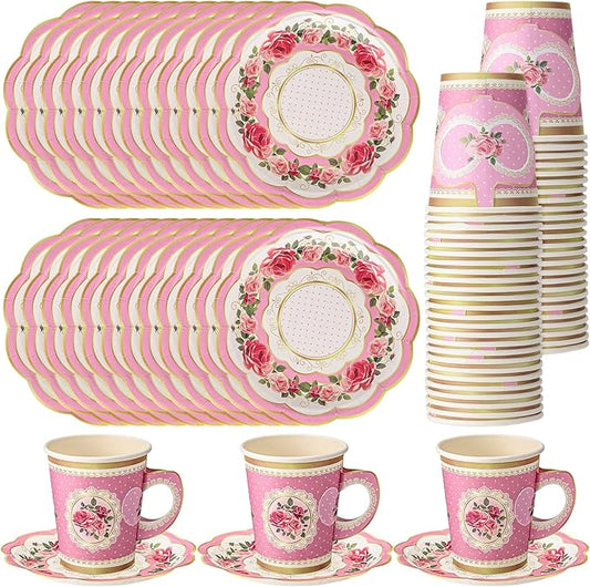 Domensi 60 Pieces Tea Party Decorations Include 30 Pcs 9 oz Paper Cups with Handle and 30 Pcs Tea Party Paper Plates Disposable Blossom Teacups and Saucers for wedding Favors(Classic)