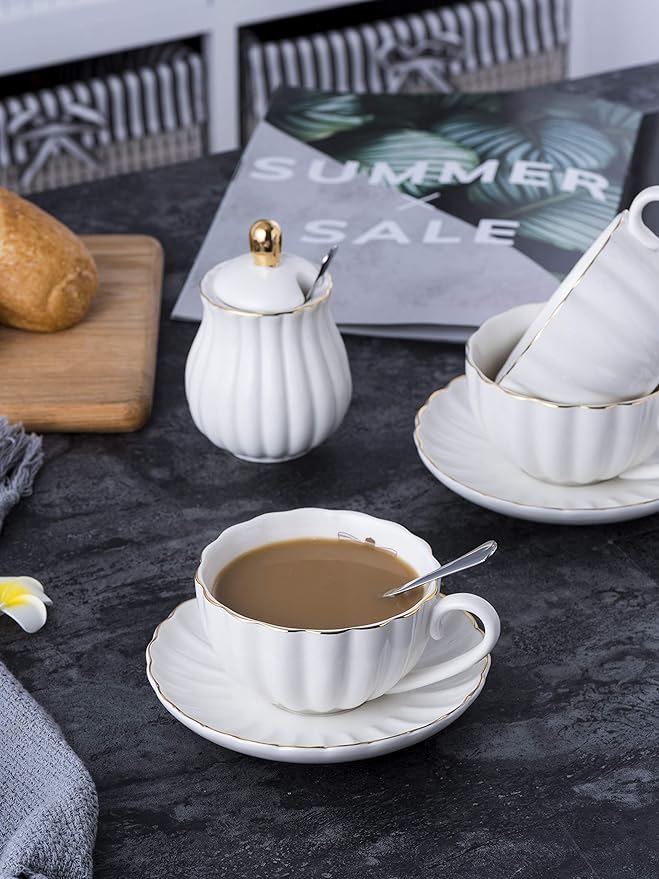 Jusalpha Porcelain Tea Set- 8 OZ White Coffee Cup/Teacup, Saucer, Spoons, Teapot and Creamer set, 17-Pieces (FD-TW17PC SET, White)