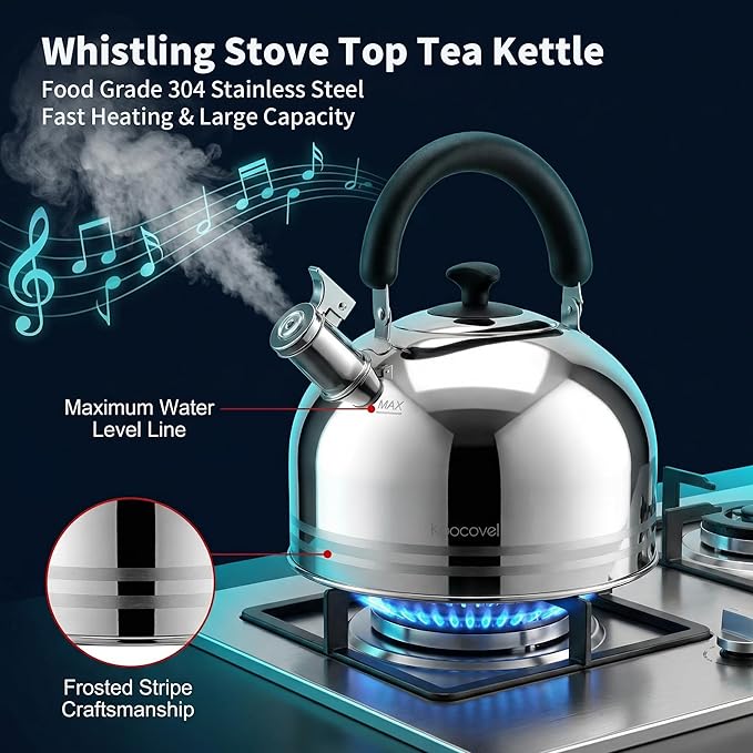 Whistling Tea Kettle for Stove Top,304 Stainless Steel Tea Kettles,6L/6.3QT Tea Kettles for Kitchen,Camping,Traveling,Portable,Fast to Boil