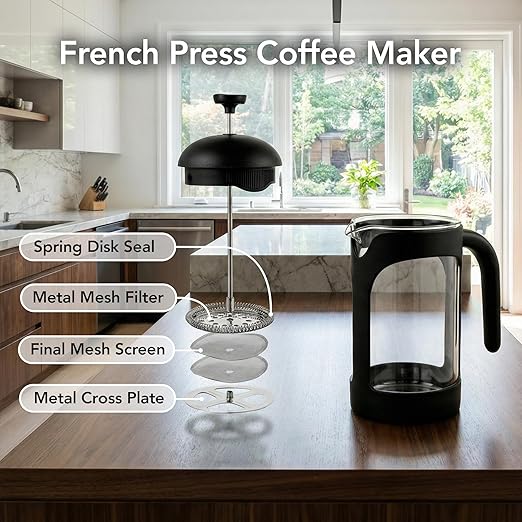 OVENTE French Press Coffee Maker 12 Ounce with Heat Resistant Borosilicate Glass & Stainless Steel 4-Level Filtration System, Portable Cold Brew Coffee Maker for Travel, Camping or Gift, Black FPB12B