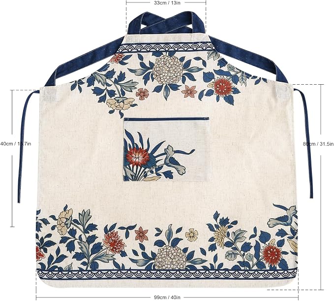 patdrea Blue Floral Linen Apron with Pocket,French Kitchen Garden Chef BBQ Aprons for Women and Men,Crisscross Back Straps - Image 5
