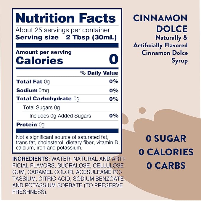 Jordan's Skinny Mixes Syrups Sugar Free Coffee Syrup, Cinnamon Dolce Flavor Drink Mix, Zero Calorie Flavoring for Chai Latte, Protein Shake, Food and More, Gluten Free, Keto Friendly, 25.4 Fl Oz, 1 Pack