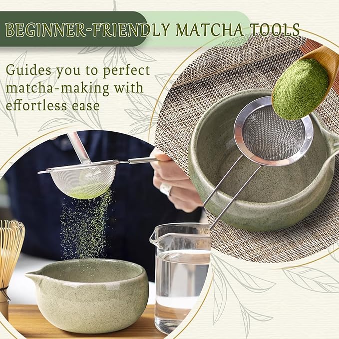 8 Pcs Matcha Whisk Set Chasen Matcha Whisk Bamboo Bowl with Spout Sifter Spoon Scoop Whisk Holder Bamboo Mat Complete Matcha Making Kit (9pcs-green)