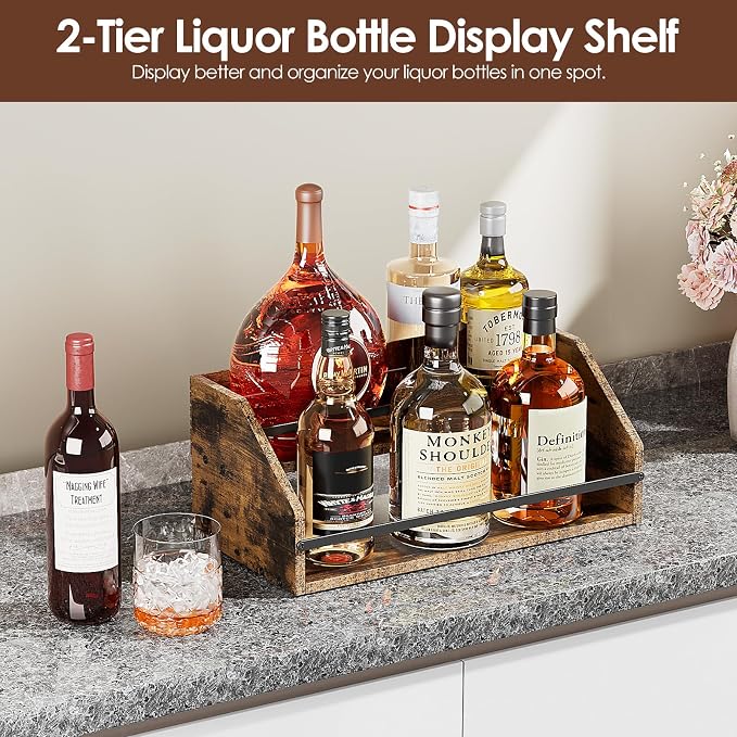 Nuovoware Liquor Bottle Display Shelf, Coffee Syrup Organizer, 2 Step Countertop Liquor Wine Rack, Home Retro Shelf Stand for Mini Bar, Cabinet, Bar Essentials for Whiskey, Spirits, Wooden - Image 2