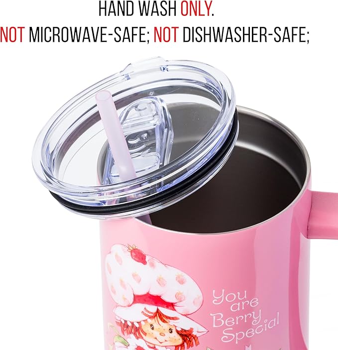 Silver Buffalo Strawberry Shortcake “You are Berry Special” Stainless Steel Tumbler with Handle, Fits in Standard Cup Holder, 40 Ounces
