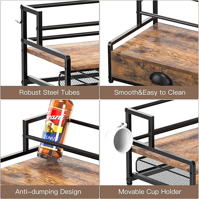 Coffee Syrup Rack Organizer, Coffee Pod Holder for Countertop, 8 Syrup Bottles Stand with Storage Drawer for 35 K Cups, Coffee Pod Drawer for Coffee Station, Home, Kitchen, Office, Dorm, Rustic Brown
