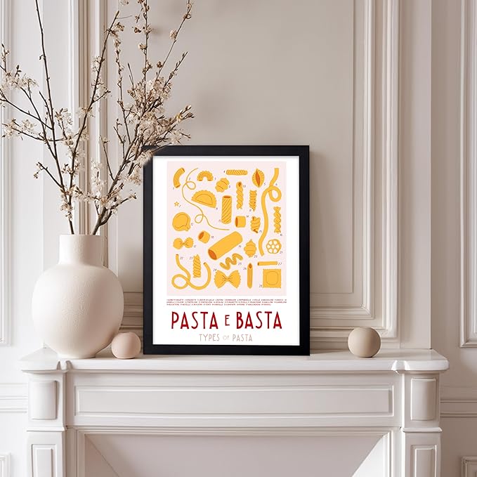 Poster Master Vintage Illustration Poster - Retro Food Print - Types of Pasta, Yellow, Spaghetti, Rotini, Penne - Gift for Artist, Chef - Wall Decor for Kitchen, Restaurant, 11x14 Black Framed