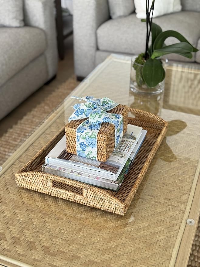 KOUBOO 1020042 La Jolla Rattan Rectangular Serving Tray, 18" x 13.5" x 3.5", Honey Brown, Large