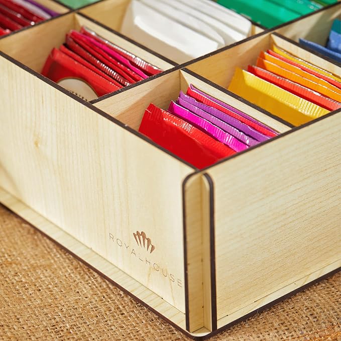 RoyalHouse Premium Wood (Hard MDF) Tea Storage Box Organizer (White), Eco-Friendly Multi-Functional Decorative Box, 9 Compartments For Assorted Variety Of Tea Bags and Small Items