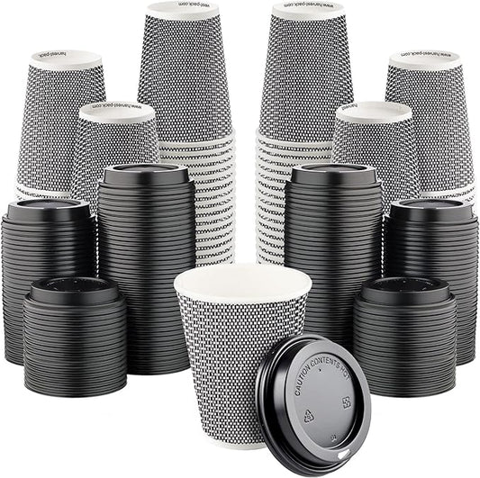 [400 SET]Harvest Pack 12 oz Disposable Coffee Cups, Insulated Ripple Double-Walled Paper Cup with Lid, Black and White Geometric, Tea Hot Chocolate Drinks To go coffee cups