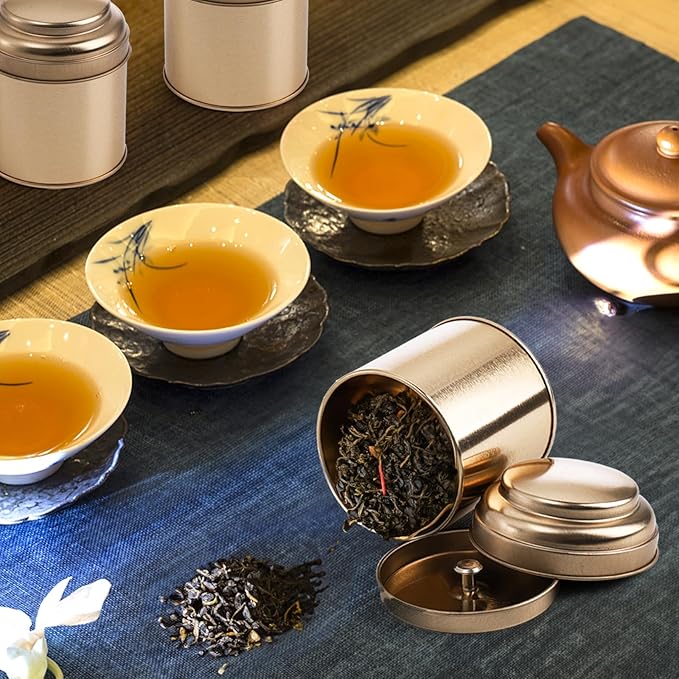 Lawei 9 Pack Tea Tins Canister with Airtight Double Lids, Mini Tea Storage Containers Round Tin Can Box for Storage Tea Coffee Sugar Loose Leaf, 8 Fluid Oz, Rose Gold