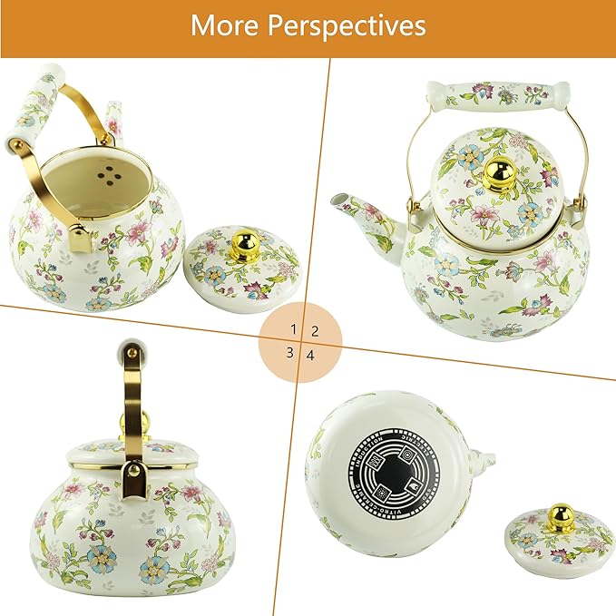Floral Enamel Tea Kettle Bohemian Gold Beige Teapot Vintage Boho Hot Water Coffee Kettle Pot 2.5L Porcelain Tea Pot Retro Pot Stovetop Kitchen Home Decor