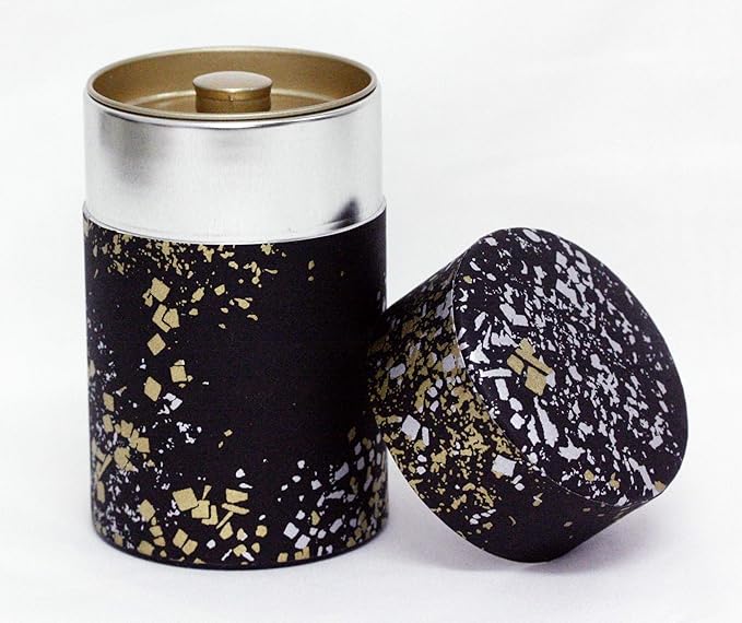 Washi Paper Tea Tin Canister: Long 3.5oz (100g) Gold and silver stardust in the black sky (#7), Japan
