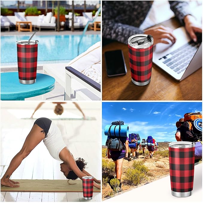 Tumbler Tartan Checker Plaid Red Black Insulated Office Coffee Cup Back to School Beverage Container Travel Mug with Straw and Lid Double Wall Stainless Steel 20oz