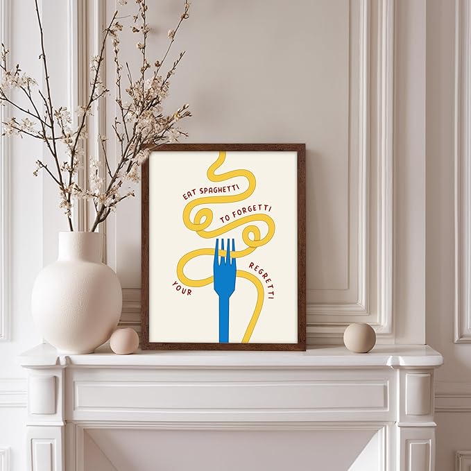 Poster Master Spaghetti Poster - Eat Spaghetti To Forgetti Your Regretti Print - Food & Drink Art - Gift for Chef, Cook - Fun Decor for Restaurant, Kitchen, Dining Room, 11x14 Brown Framed