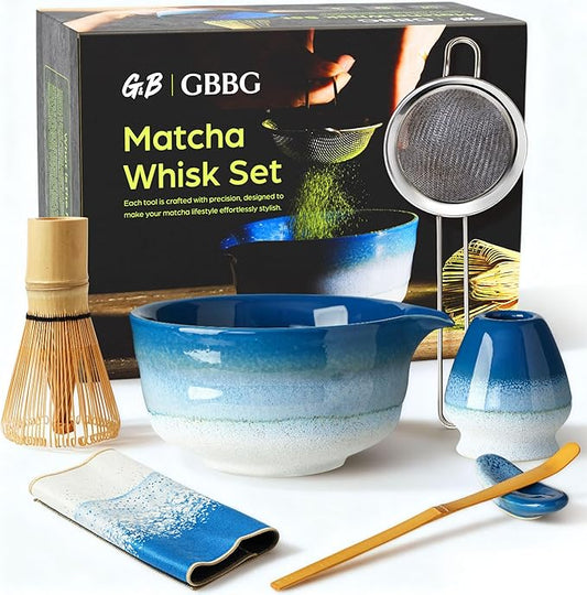 Matcha Whisk Set, Ceramic Matcha Kit Desert Style, Matcha Whisk and Bowl, Bamboo Scoop and Rest, Sifter and Tea Towel, 7 Pcs Gifts for Matcha Lover (Blue)