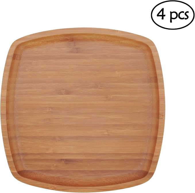 BambooMN 8" x 8" Bamboo Ecoware Reusable Dinnerware Square Plates for Catered Events, Holidays, or Home Use Supplies, 4 Pcs