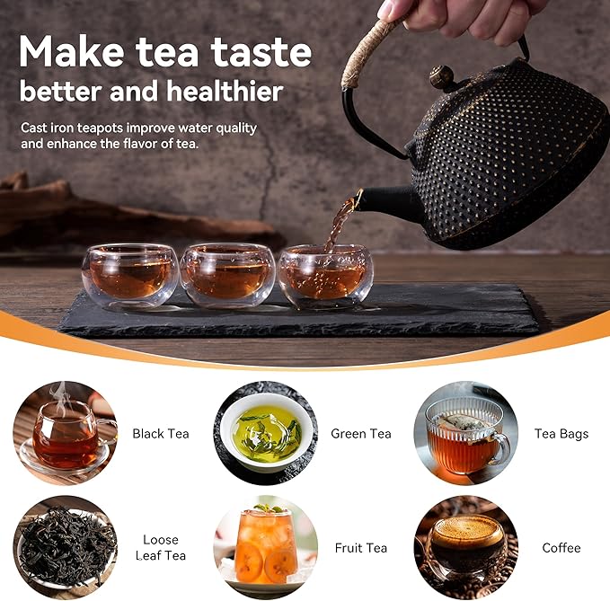 Cast Iron Teapot, 25 oz (750 ml) Japanese Tetsubin Tea Pot with Infuser for Stovetop Safe, Tea Kettle with Enameled Interior for Loose Leaf Tea and Tea Bags
