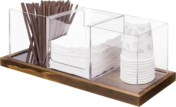 MyGift Modern Modular Coffee and Tea Station Organizer with 3 Removable Premium Clear Acrylic Compartments and Rustic Burnt Solid Wood Decorative Tray, 4 Piece Set by MyGiftHome