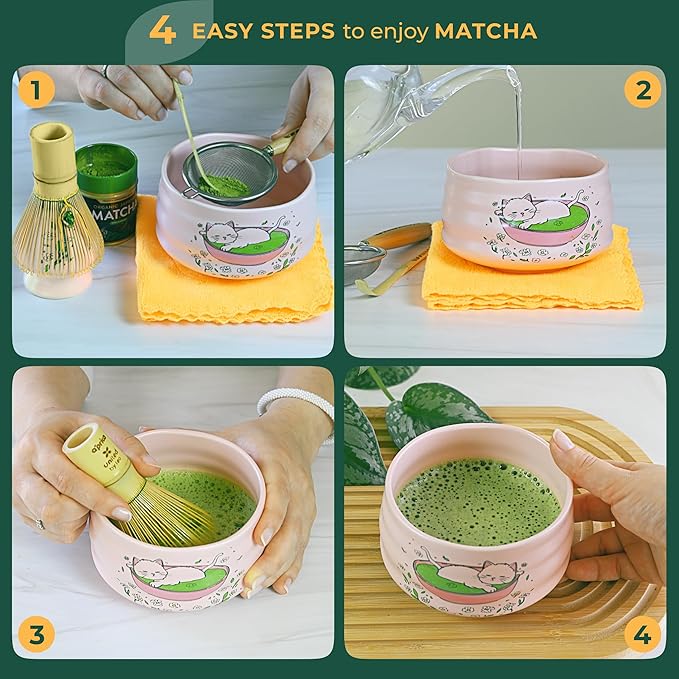Matcha Gift Set 6 Pcs – Ceramic Bowl, Bamboo Whisk, Whisk Holder, Scoop, Sifter & Cloth – Traditional Japanese Set for Green Tea by Aprika Matcha (Pink with Cats)