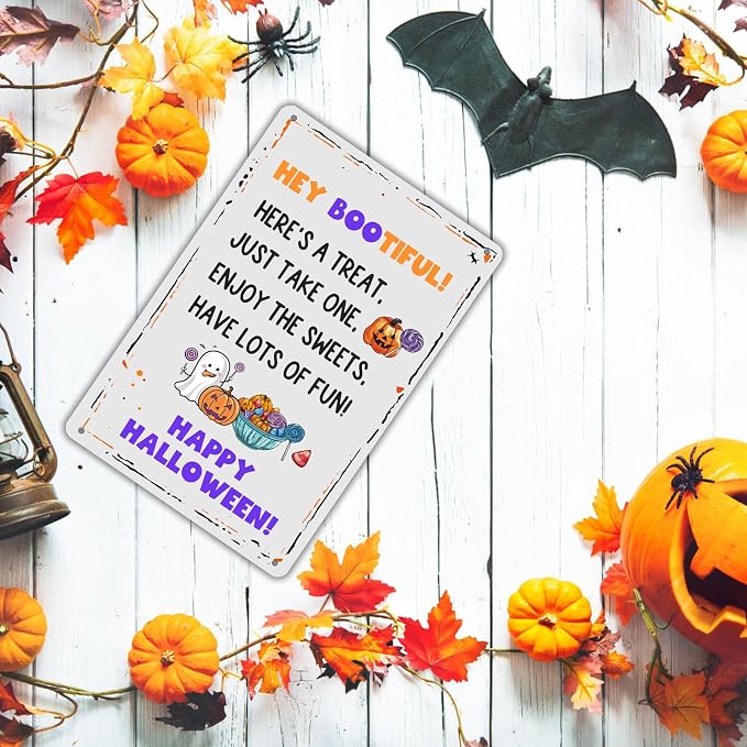KanaAt Funny Halloween Trick or Treat Metal Sign Here's a Treat Just Take One Halloween Wall Art Decor for Home Farmhouse Yard Garage Club Porch Front Door Decor 8x12 inch, diany-m91 - Image 6