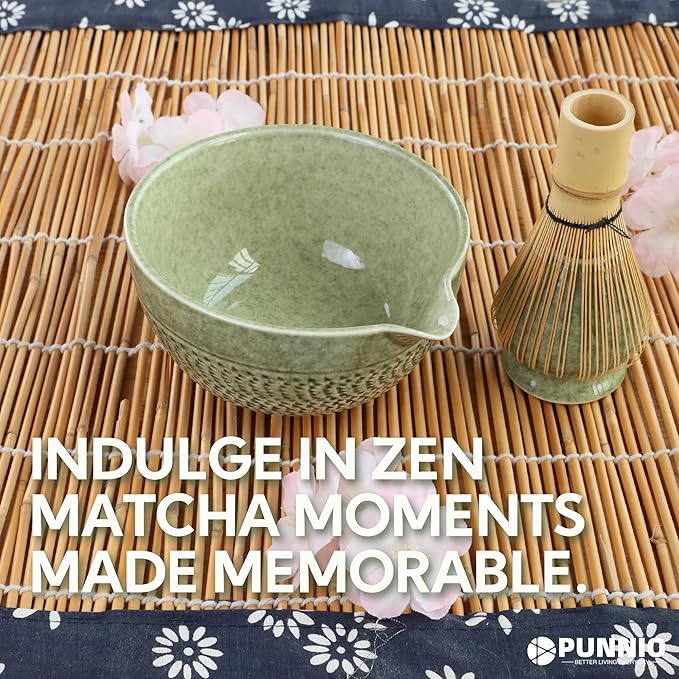 Japanese Matcha Bowl, Glazed Ceremonial Matcha Bowl with Whisk Holder for Matcha Powder/Matcha Tea/Japanese Matcha, 2 Color Options (Prasinous(Spout))
