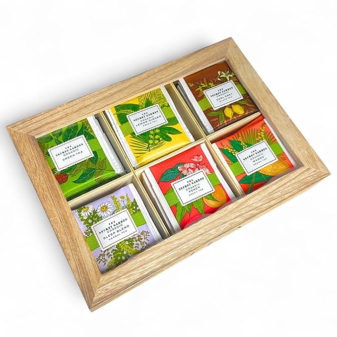 Premium Organic Wooden Tea Sampler Gift Box With 6 Flavors Made With Real Ingredients, Non-GMO and Dye Free, Includes Green Tea, Peach, Mango, Earl Grey, Sleep Blend, Lemon Ginger (60 Bags)