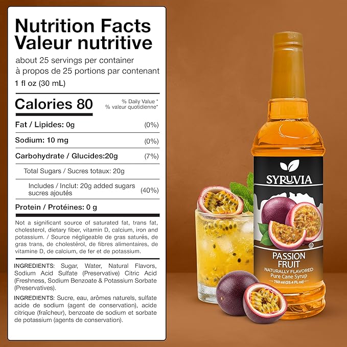 Syruvia Passion Fruit Flavored Syrup for Drinks, Cocktails, Lemonades, Iced Teas and Desserts – 25.4 fl oz, With Pump