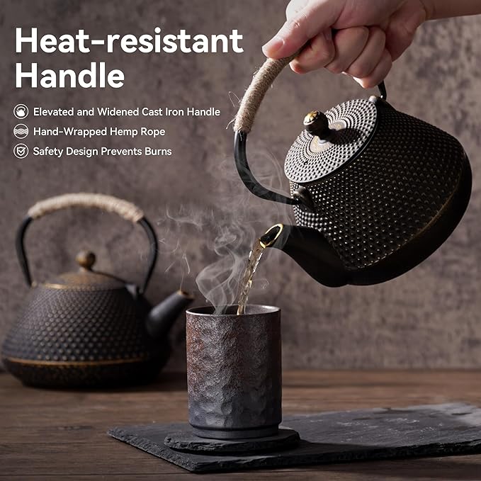 Cast Iron Teapot, 32 oz (950 ml) Japanese Tetsubin Tea Pot with Infuser for Stovetop Safe, Tea Kettle with Enameled Interior for Loose Leaf Tea and Tea Bags