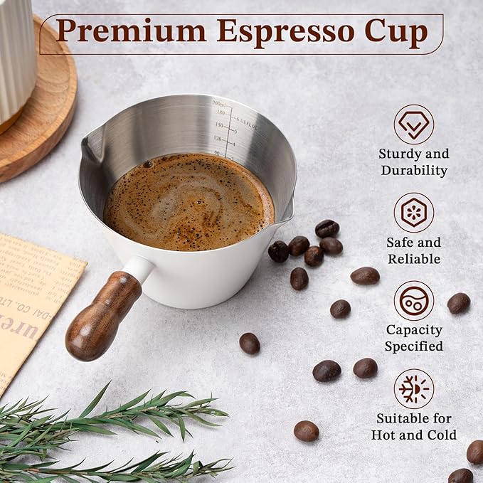 Espresso Cup, 6.8 oz/200 ml Stainless Steel Coffee Shot Measuring Cup with Wood Handle, Double V-Shaped Mouth and Clear Scale for Cappuccino Barista Coffee Bar Accessories, White