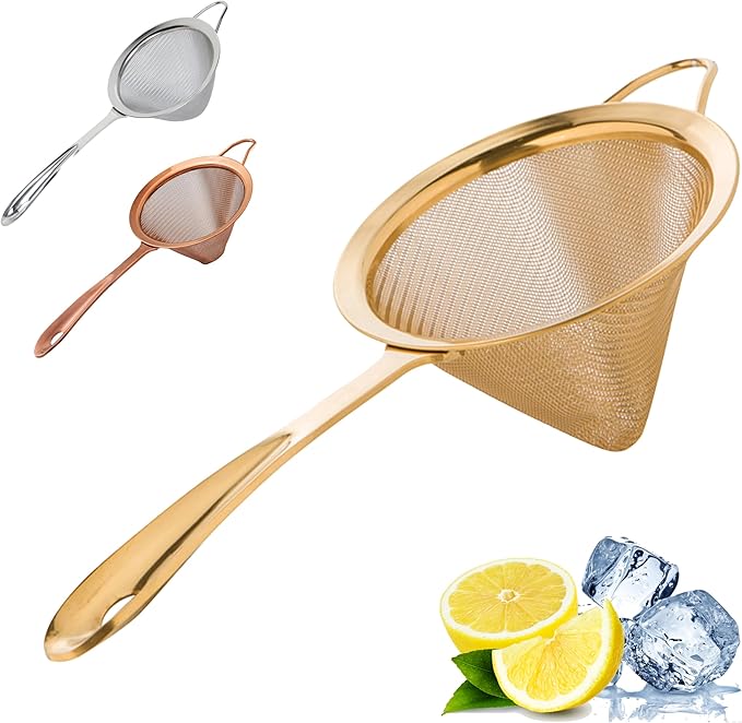 A Bar Above Gold Fine Mesh Cocktail Strainer, 304 Stainless Steel Conical Sieve, Elegant Bartender Tool with Ergonomic Handle for Tea, Coffee, Mixology, Culinary Use, and Double-Straining