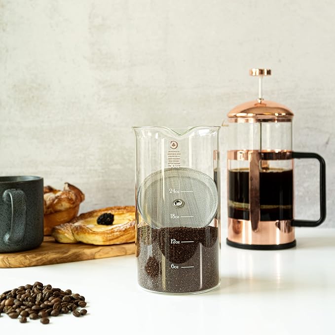 French Press Replacement Glass with Steel Filters by Cafe Crush Club - Fire Hardened Borosilicate Beaker - 34 Ounce | 1 Liter Size with White Measures