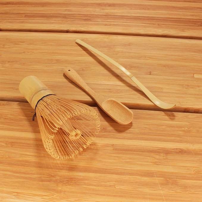 BambooMN Chasen (Tea Whisk) + Chashaku (Hooked Bamboo Scoop) for preparing Matcha + Tea Spoon + Tea Serving Tray