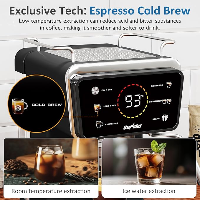 20 Bar Espresso Machine with Milk Frother, Iced Coffee Maker for Espresso, Cold Brew, and Americano, 52OZ Removable Water Tank, Coffee Machine for Home and Office, Black
