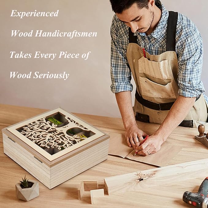 handrong Tea Box Organizer,Wood Teas Bag Holder,Tea Organizers and Storage,Teas Organizer with Tree Pattern for Home Kitchen Office
