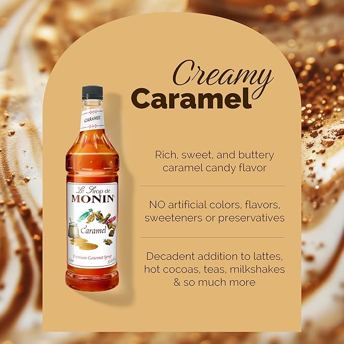 Monin - Caramel Syrup, Rich and Buttery, Great for Desserts, Coffee, and Cocktails, Gluten-Free, Non-GMO (1 Liter, 4-Pack)