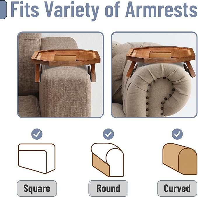 BAMBOO LAND- Couch Arm Tray, Wooden Folding Couch Armrest Table, Octagonal Clip-On Sofa Arm Tray with 360° Rotating Phone Holder