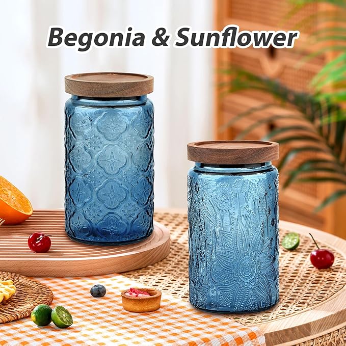 Glass Jar with Lid, Vintage Glass Storage Jars with Airtight Lid Coffee Canister Sugar Container for Kitchen Counter Pantry, Spice, Candy, Coffee Beans, Tea, Oats (34FL OZ Begonia Blue)