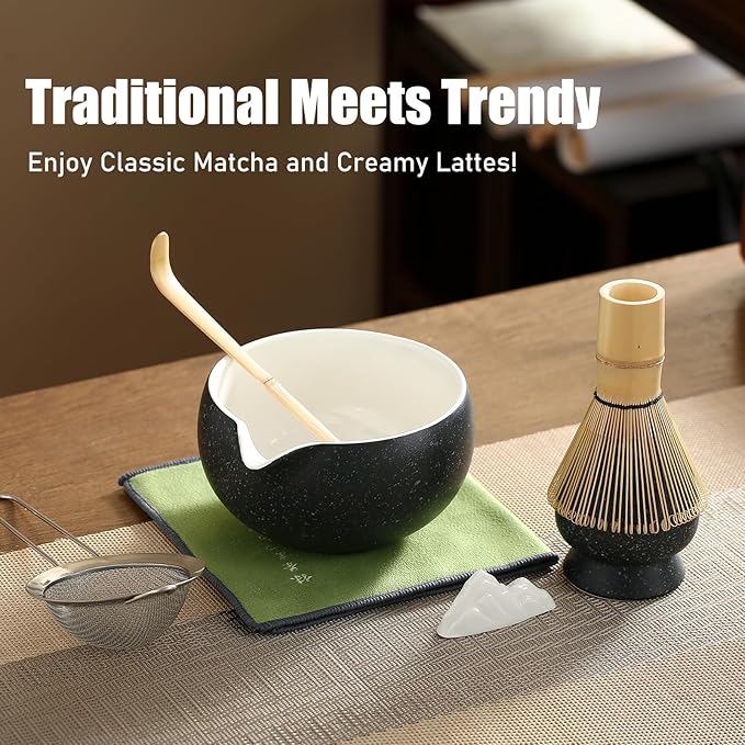 Matcha Whisk Set, Ceramic Matcha Bowl with Spout, Bamboo Whisk, Scoop, Sifter, Holder, Tea Towel, 7-Piece Matcha Kit for Making Breakfast/Latte